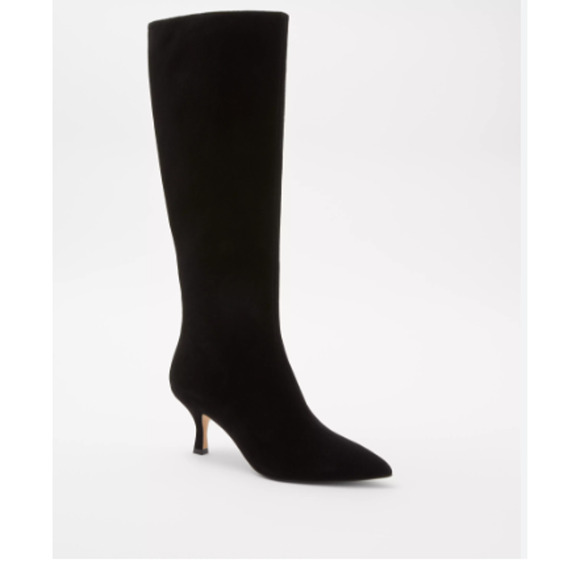 Ann Taylor Curved Stiletto Kitten Heel Suede Boot Black 8M - Picture 1 of 4
